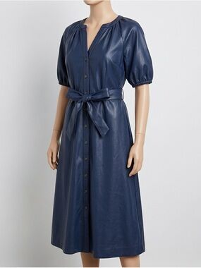 Ann Taylor Navy Faux Leather Button-Front Midi Dress with Tie Waist